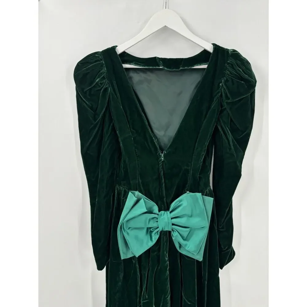 Vintage Dress Womens 8 Green Velvet Union Made Bow Back Maxi Length Holiday - Picture 11 of 16